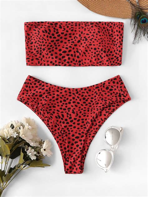 Leopard Print Bandeau With High Waist Bikini Set Shein Sheinside