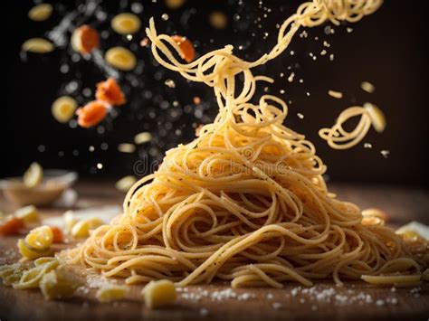 Floating Spaghetti Cylindrical Pasta Staple Food In Italian Cuisine