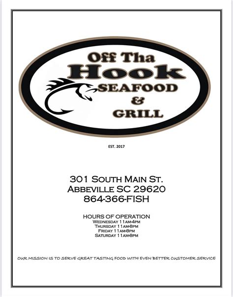 Menu At Off Tha Hook Seafood And Grill Restaurant Abbeville