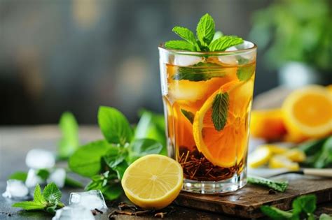 Premium Ai Image Cold Tea With Lemon And Mint Herbal On The Table In