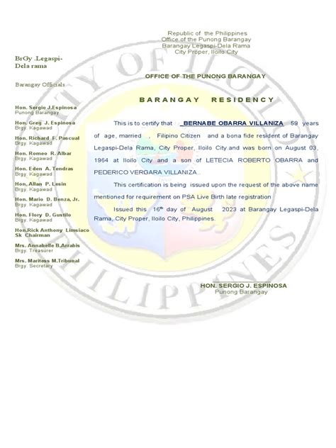 brgy cert  residency