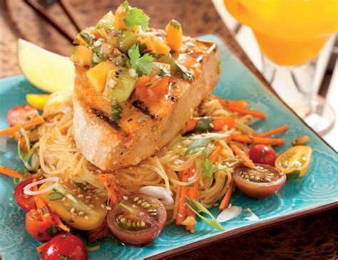 Grilled Ahi Tuna With Papaya Kiwi Salsa And Sesame Noodle Salad