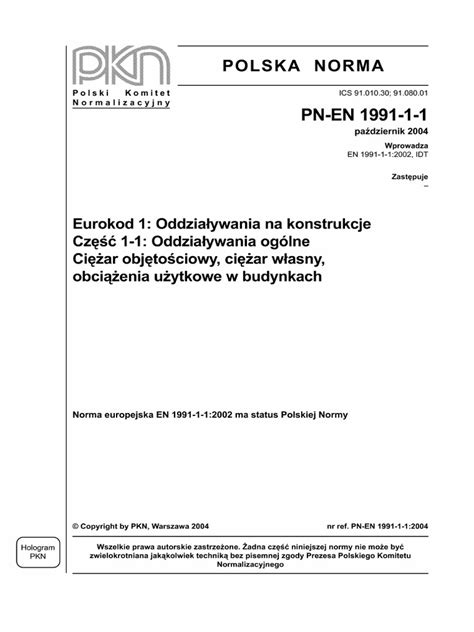Eurokod 1 - cz.1-1 (ODDZIAŁYWANIA) ( PN-EN 1991-1-1 2004 ) | PDF