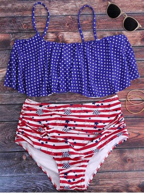 Patriotic American Flag High Waisted Bikini Set Blue M Bikini Set High Waist Bikinis Swimsuits