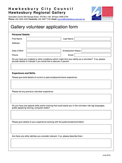 Fillable Online Hawkesbury Nsw Gov Gallery Volunteer Application Form