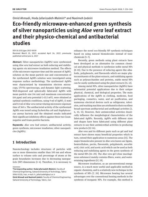 Pdf Eco Friendly Microwave Enhanced Green Synthesis Of Silver