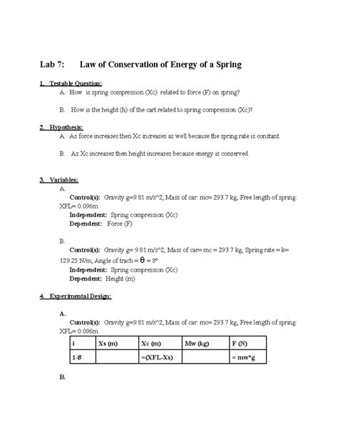 Phy L Lab Conservation Of Energy Of A Spring Lab Law Of