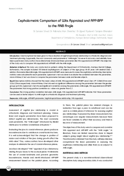 Pdf Cephalometric Comparison Of Wits Appraisal And App Bpp To The Anb Angle Nan Nwe