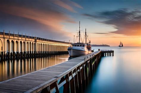 Premium Ai Image A Boat Is Docked At A Pier With The Sun Setting