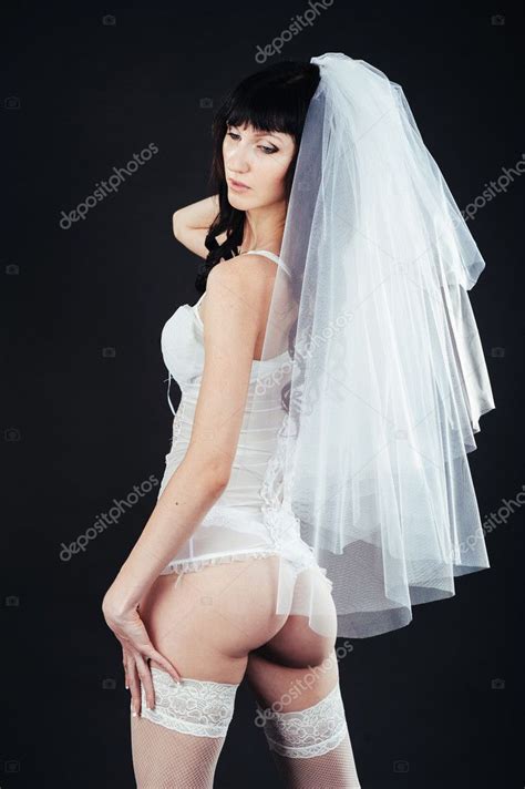 Sexy Beautiful Nude Bride With Veil In White Erotic Lingerie On A Black Background Beauty