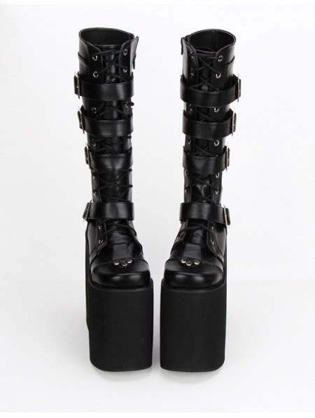 Black Gothic Punk Lace Up Belt Platform Knee Boots