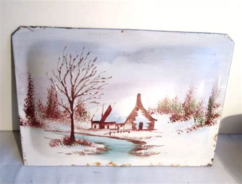 ANCIENNE PLAQUE EN tôle émaillée bombée Hameau et Paysage de neige