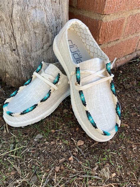 Hey Dude Beaded Shoes Cream Aztec Design Prairie Faith Etsy