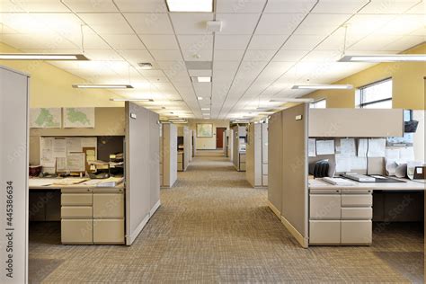 Empty Hallway In Modern Office Business Building With Cubicles And