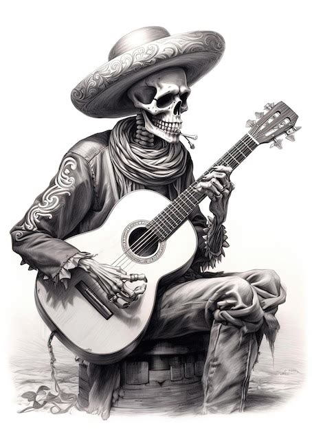 Dibujo De Un Esqueleto Tocando Una Guitarra Santo Foto Premium