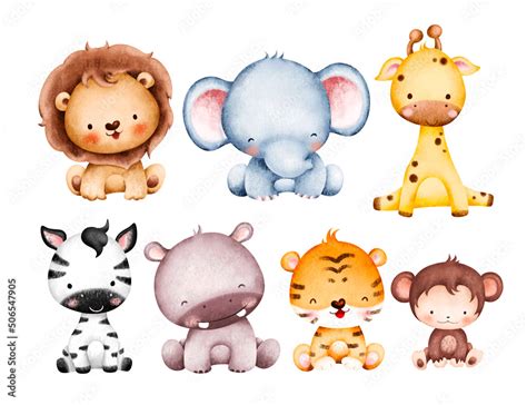 Watercolor set of Cute Baby Safari Animals Illustration Stock Vector ...