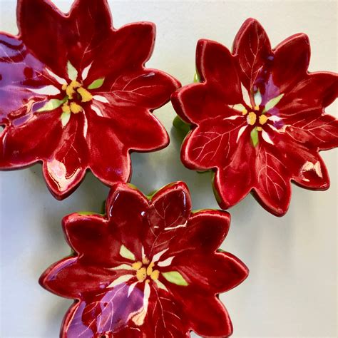 Whimsical Poinsettia Pottery Dish Set 3 Ceramic Serving Etsy