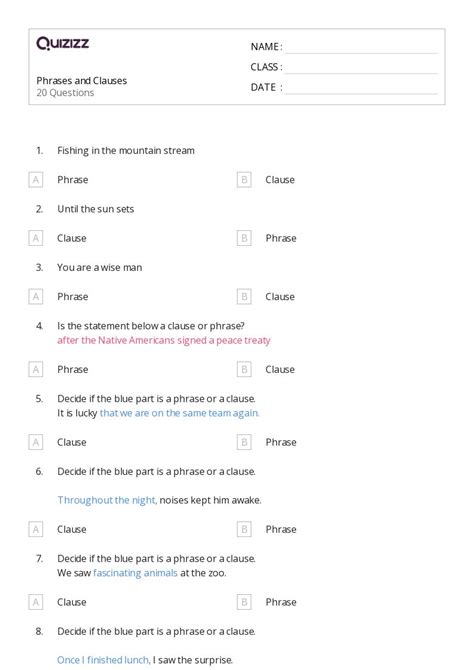 50+ Phrases and Clauses worksheets for 6th Class on Quizizz | Free ...