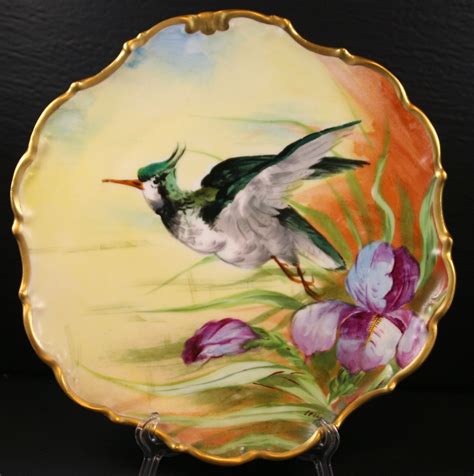 Limoges France Hand Painted Plate Bird With Iris Gold Rim Artist