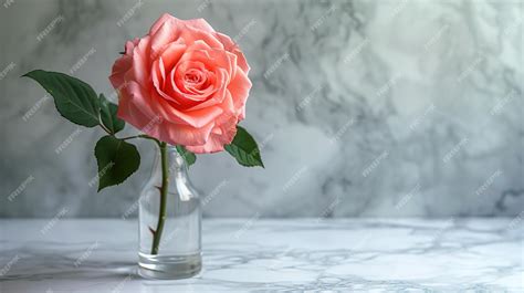 Premium Photo Single Pink Rose In A Glass Vase On Marble Background