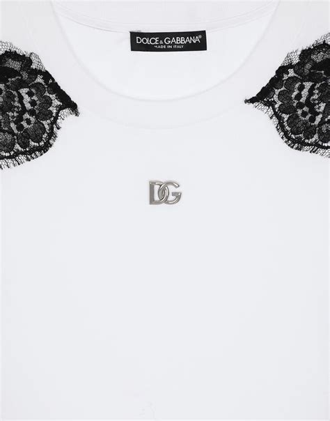 Jersey T Shirt With Dg Logo And Lace Inserts In White For Women Dolce