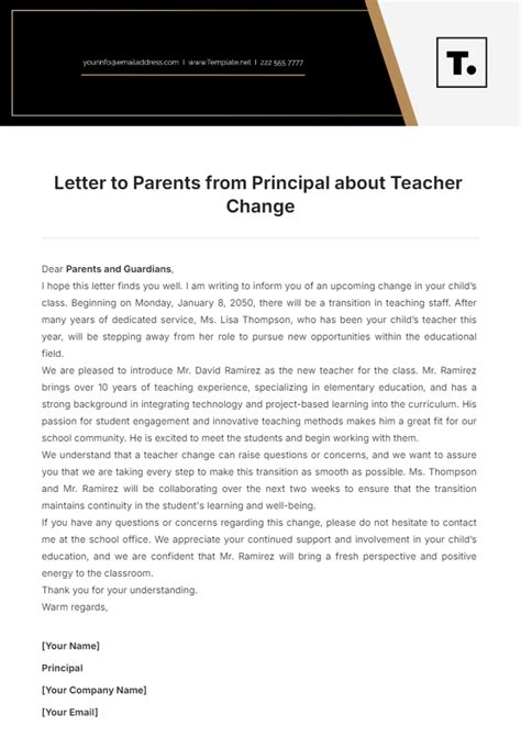 Free Letter to Parents from Principal about Teacher Change Template to