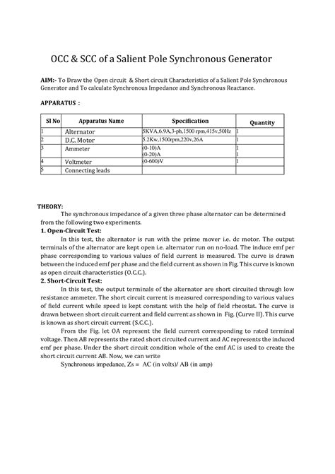 Occ And Scc Of A Salient Pole Generator Manual Occ Scc Of A Salient