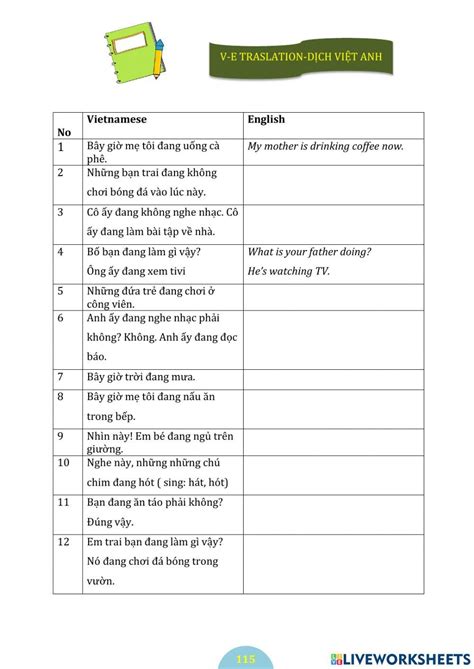 Present Continuous Translate Worksheet Live Worksheets