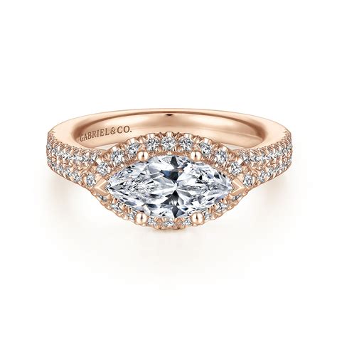 K Rose Gold Horizontal Marquise Halo Diamond Engagement Ring