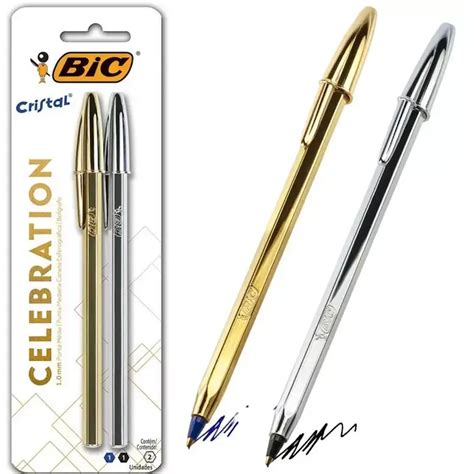 Kit C 2 Canetas Esferográficas Cristal Celebration Pratra Dourada Bic