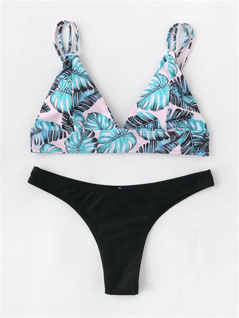 Palm Print Strappy Bikini Set Shein Sheinside Bikinis Swimwear