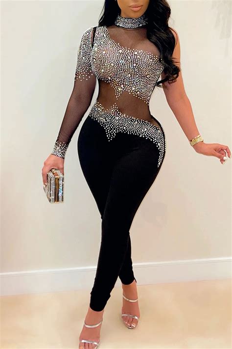 Wholesale Black Sexy Solid Patchwork See Through Asymmetrical Hot Drill Half A Turtleneck Skinny