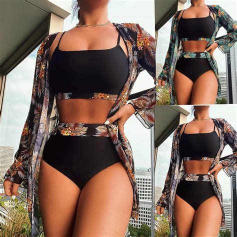 Red Green Elements Women Bikini Pieces Swimsuit Padded Bikini Set With Mesh Long Sleeved Cover