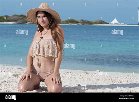 Sch Ne Latinerin Im Bikini Mit Strandhut Am Tropischen Strand Portr T