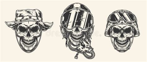 Calaveras De Soldado Monocromo Conjunto Vintage Ilustración del Vector