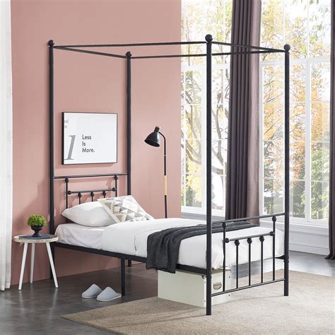 Vecelo Post Canopy Metal Bed With Headboard And Footboard Under Bed