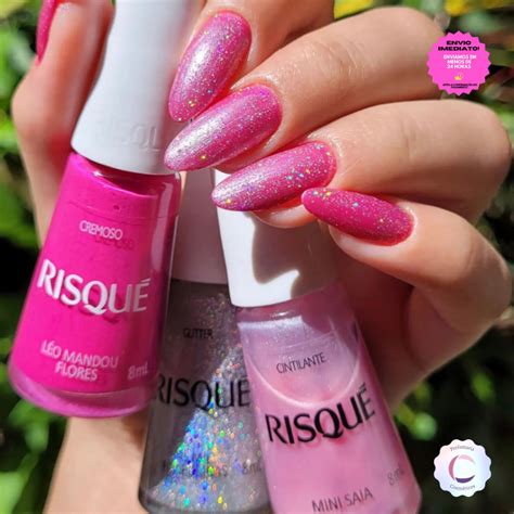 Kit Esmaltes Rosa Pink Risque c 3un léo mandou flores mil purpurinas