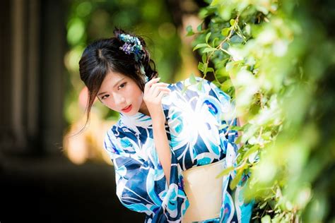 4K Asian Brunette Girl Glance Bokeh Shrubs HD Wallpaper Rare