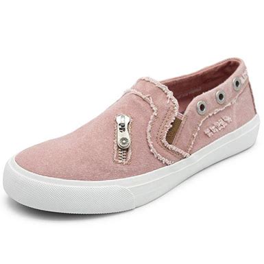 Women's Distressed-Look Slip-On Sneakers with Zipper - Grommet Trim / Beige