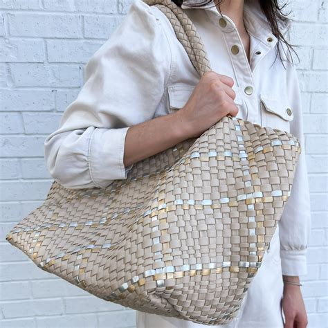 Beige Metallic Oversized Woven Tote — Parker And Hyde