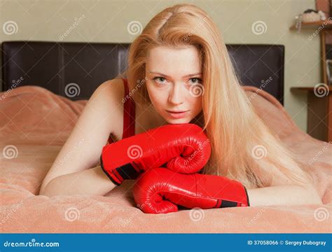 Pretty Blonde Girl In Boxing Gloves Stock Photo Image Of Glove Hand