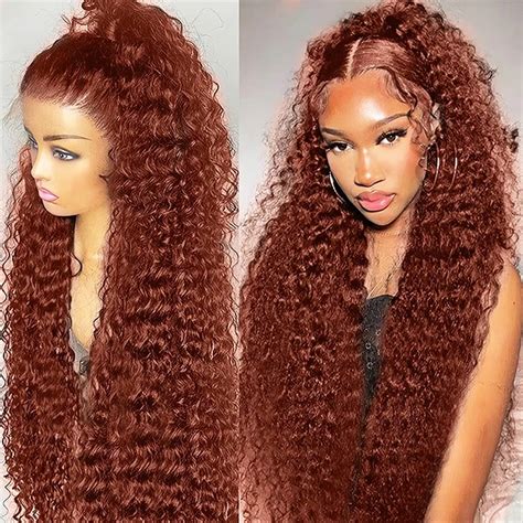 13x4 Reddish Brown Water Wave Lace Front Human Hair Wig Kinky Curly Deep Wave Frontal Wig