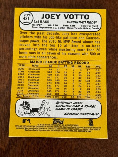 2017 Topps Heritage Joey Votto Short Print SP 431 Cincinnati Reds EBay