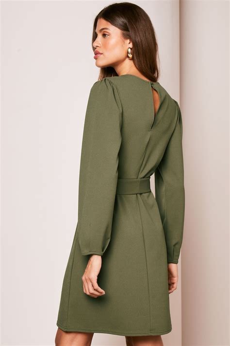 Buy Lipsy Khaki Green Long Sleeve Round Neck Tie Waist Shift Dress From