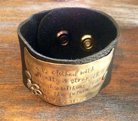 Hand Stamped Leather Cuff Bracelet Silver Flower On