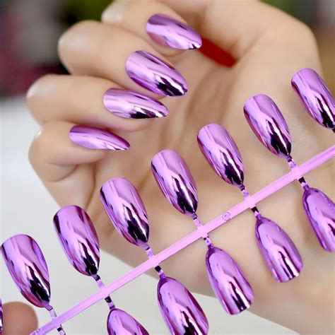 24pcs Solid Purple Color Metallic Stiletto False Nails Metal Punk Oval Sharp End Full Fake Nail