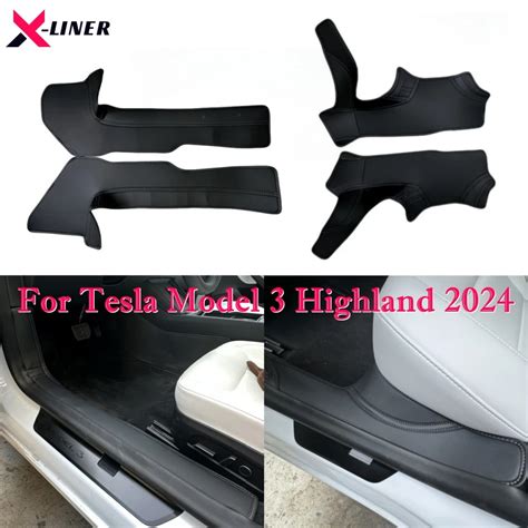 4pcs Black Pu Door Sill Protectors For Tesla Model 3 Highland 2024 Scratch Resistant New Model