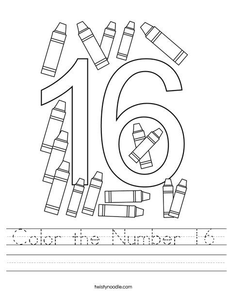 Color The Number 16 Worksheet Twisty Noodle