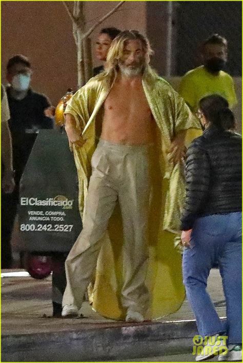 Chris Pine Goes Shirtless In A Gold Robe On The Set Of Poolman In