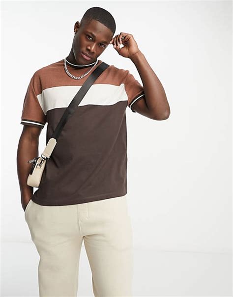 Asos Design Relaxed T Shirt In Brown Waffle Color Block Asos